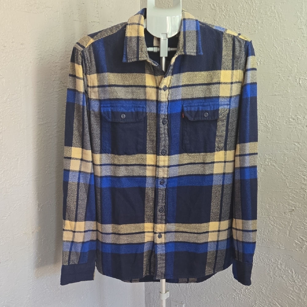 ^Levi's Blue Plaid Shirt Large Flannel Long Sleeve Cabincore Winter Cozy Fall